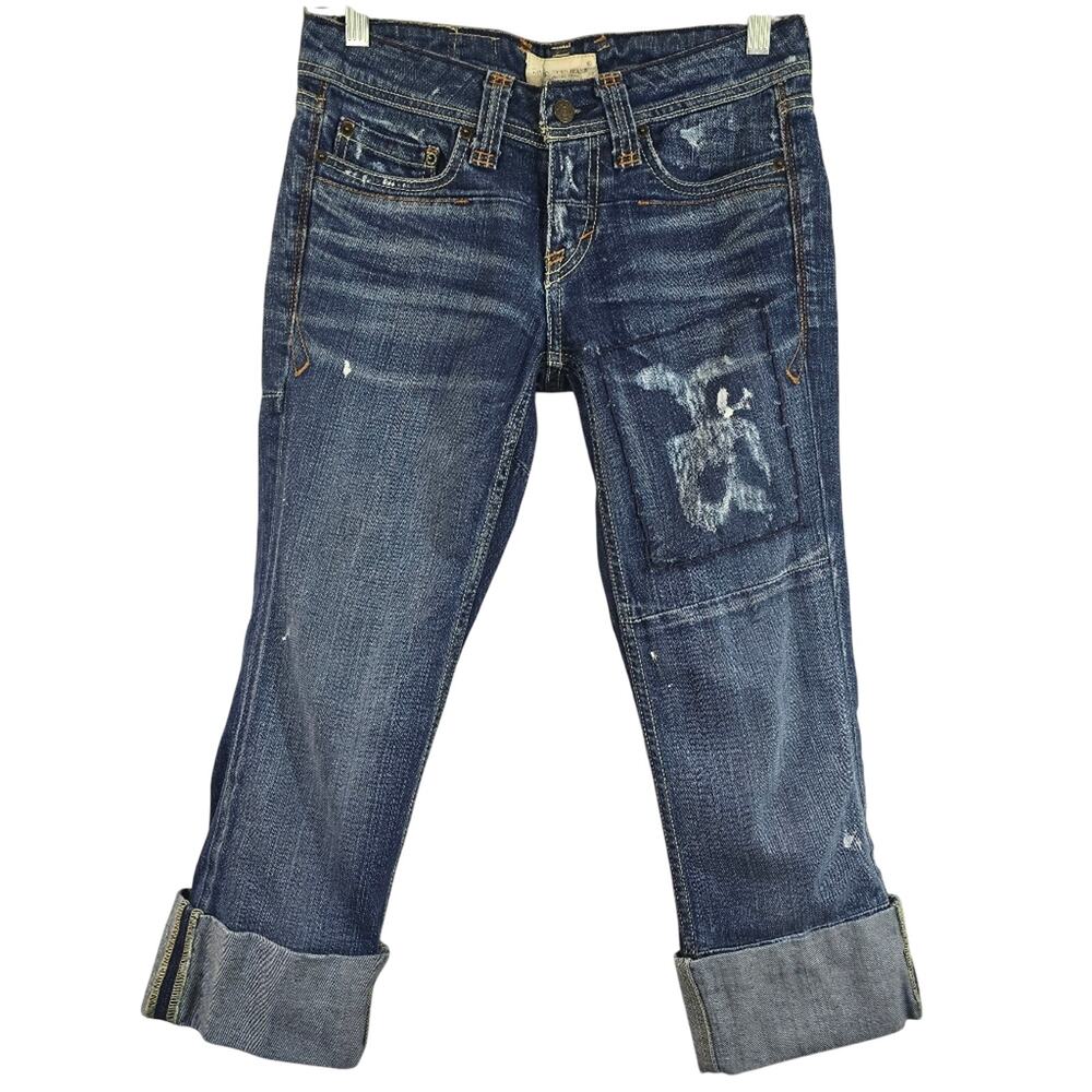 L Taverniti SO Y2K Rolled Cuff Cropped Blue Denim Jeans Size 27 Patchwork Paint